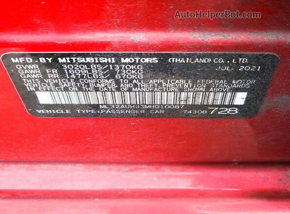ML32AUHJ3MH010087 2021 MITSUBISHI MIRAGE Red Շարժիչի բաժամունքի տեսք
