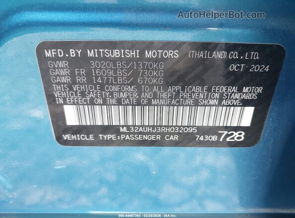 ML32AUHJ3RH032095 2024 MITSUBISHI MIRAGE Blue Engine compartment view