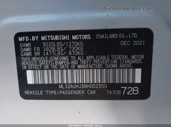 ML32AUHJ5NH002350 2022 MITSUBISHI MIRAGE Белый Вид подкапотного пространства