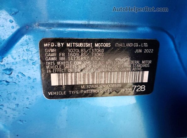 ML32AUHJ7NH008599 2022 MITSUBISHI MIRAGE Blue Շարժիչի բաժամունքի տեսք