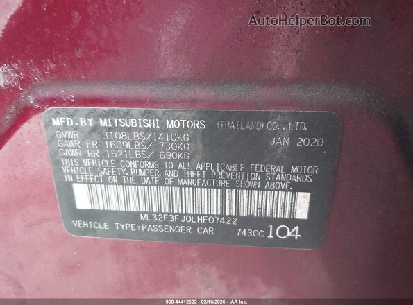 ML32F3FJ0LHF07422 2020 MITSUBISHI MIRAGE G4 Purple 