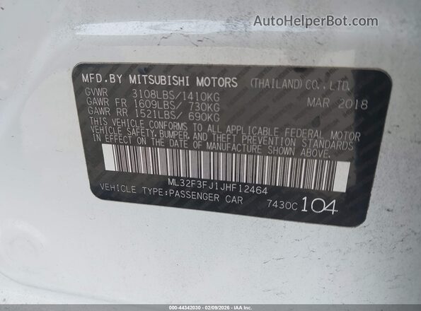 ML32F3FJ1JHF12464 2018 MITSUBISHI MIRAGE G4 White Вид підкапотного простору