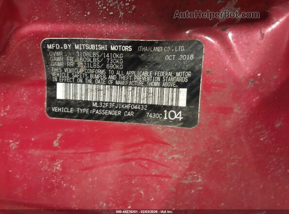 ML32F3FJ1KHF04432 2019 MITSUBISHI MIRAGE G4 Red ძრავის განყოფილების ხედი