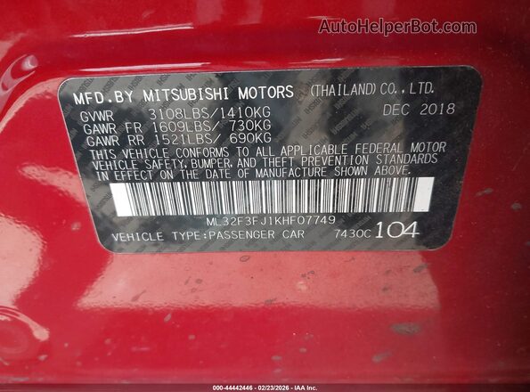 ML32F3FJ1KHF07749 2019 MITSUBISHI MIRAGE G4 Бордовый Вид подкапотного пространства