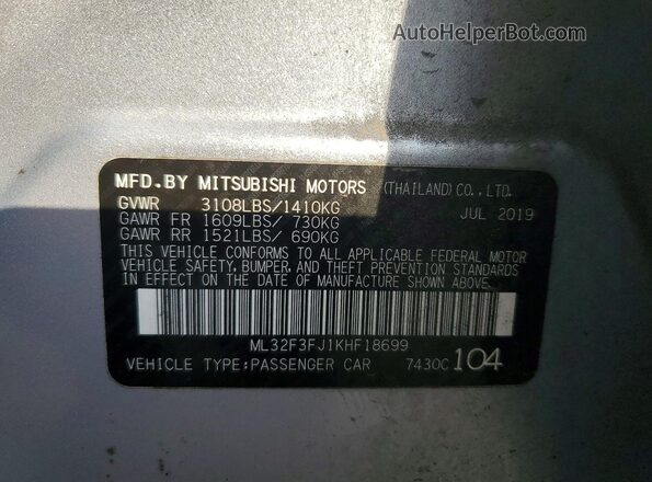 ML32F3FJ1KHF18699 2019 MITSUBISHI MIRAGE Silver 