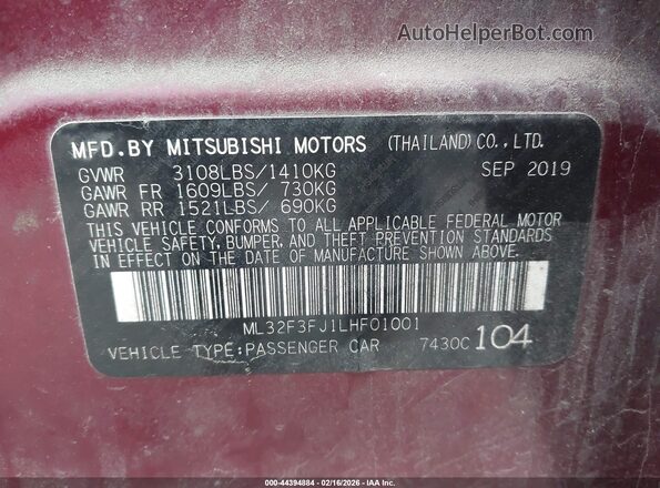 ML32F3FJ1LHF01001 2020 MITSUBISHI MIRAGE G4 Maroon ძრავის განყოფილების ხედი