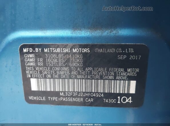 ML32F3FJ2JHF04924 2018 MITSUBISHI MIRAGE G4 Blue 
