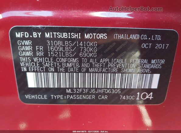 ML32F3FJ6JHF06305 2018 MITSUBISHI MIRAGE G4 Red 