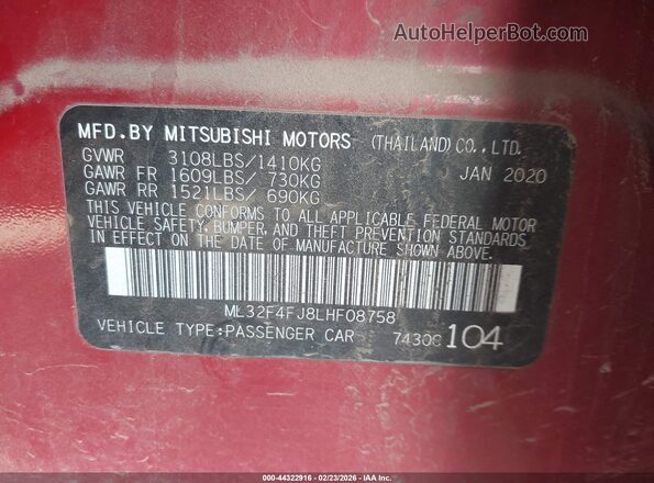 ML32F4FJ8LHF08758 2020 MITSUBISHI MIRAGE G4 Red 