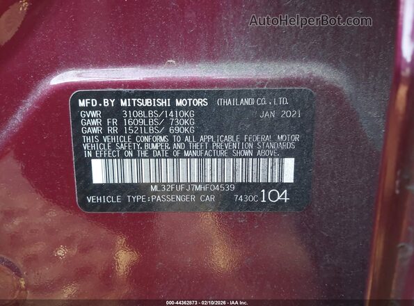 ML32FUFJ7MHF04539 2021 MITSUBISHI MIRAGE G4 Фиолетовый Вид подкапотного пространства