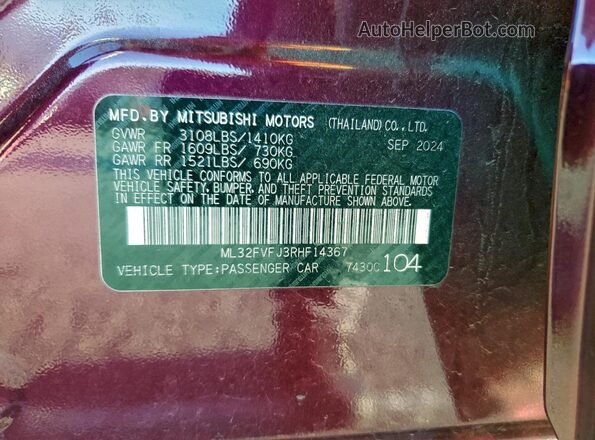 ML32FVFJ3RHF14367 2024 MITSUBISHI MIRAGE Бордовый Вид подкапотного пространства