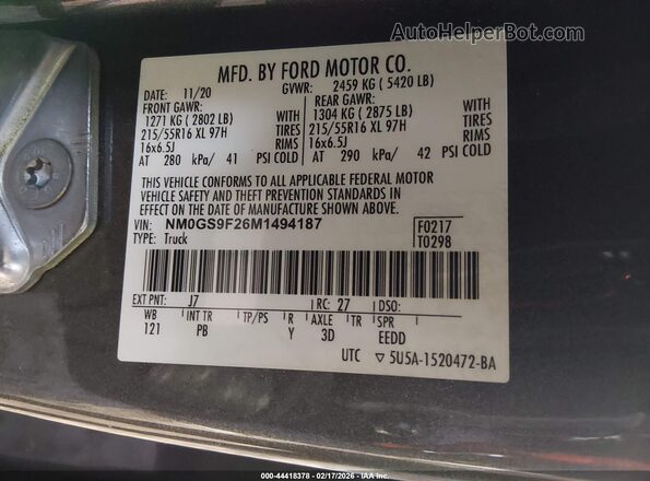 NM0GS9F26M1494187 2021 FORD PASSENGER Gray ძრავის განყოფილების ხედი
