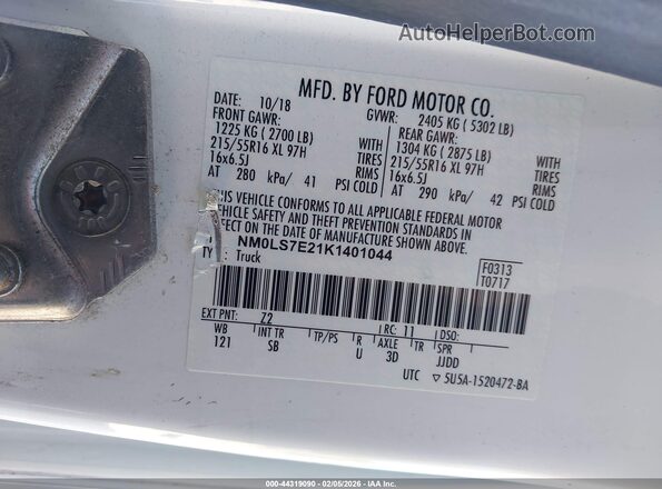 NM0LS7E21K1401044 2019 FORD TRANSIT CONNECT White Вид наклейки з VIN-кодом