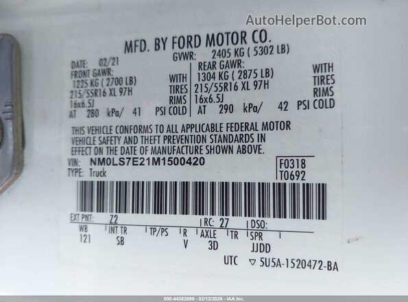 NM0LS7E21M1500420 2021 FORD TRANSIT CONNECT White Вид підкапотного простору
