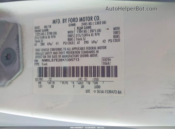 NM0LS7E28K1395713 2019 FORD TRANSIT CONNECT White Widok komory silnika