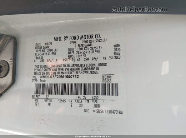 NM0LS7F20M1500732 2021 FORD TRANSIT CONNECT White ძრავის განყოფილების ხედი