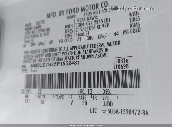 NM0LS7S25P1552481 2023 FORD TRANSIT CONNECT White Tył prawy