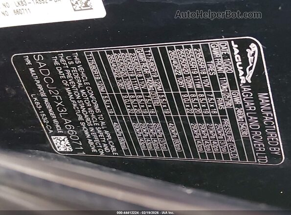 SADCJ2FX3LA660711 2020 JAGUAR F-PACE Blue Engine compartment view