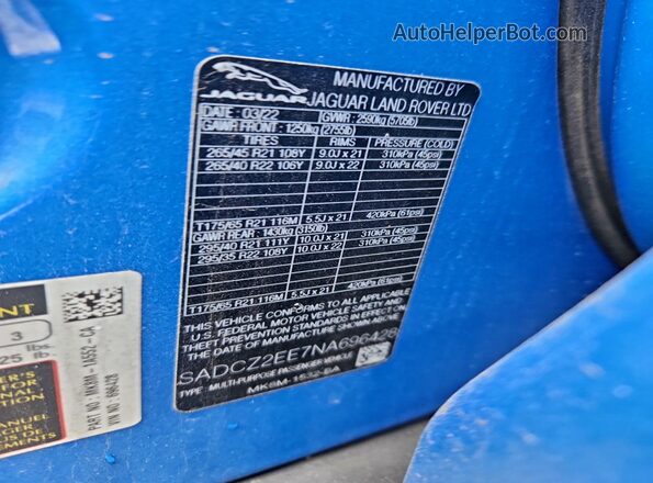 SADCZ2EE7NA696428 2022 JAGUAR F-PACE Blue Widok naklejki z numerem VIN