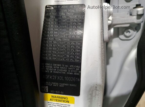 SADFK2FX0L1002614 2020 JAGUAR E-PACE Белый Вид наклейки с VIN-кодом