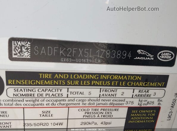 SADFK2FX5L1Z83894 2020 JAGUAR E-PACE White ძრავის განყოფილების ხედი