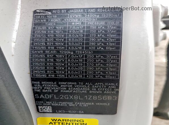 SADFL2GX8L1Z85683 2020 JAGUAR E-PACE Gray VIN կոդի պիտակի տեսք