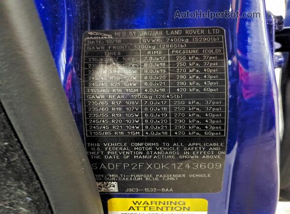 SADFP2FX0K1Z43609 2019 JAGUAR E-PACE Blue VIN კოდის სტიკერის ხედი