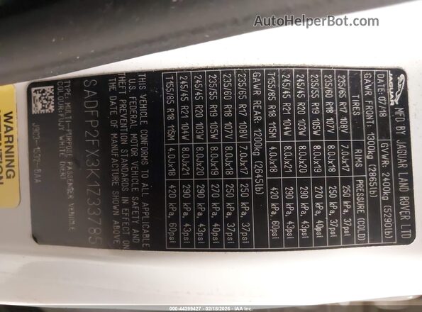 SADFP2FX3K1Z33785 2019 JAGUAR E-PACE White Engine compartment view