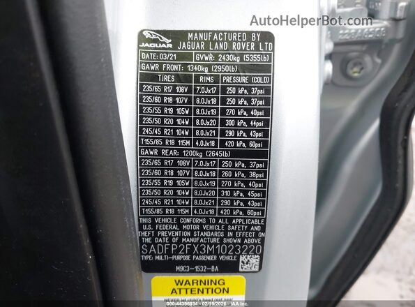 SADFP2FX3M1023220 2021 JAGUAR E-PACE Silver ძრავის განყოფილების ხედი