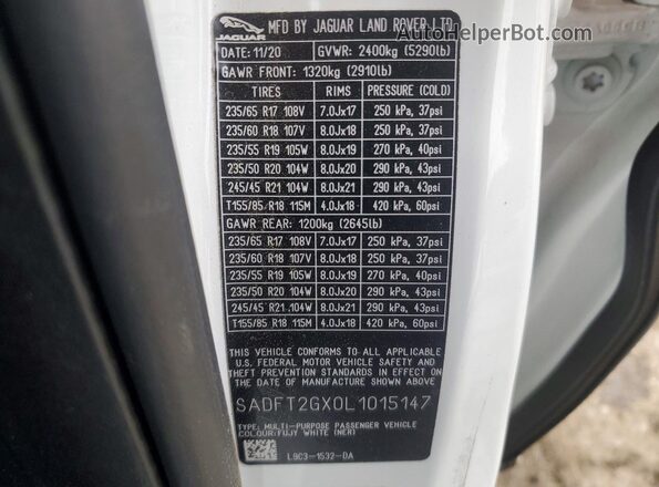 SADFT2GX0L1015147 2020 JAGUAR E-PACE White 