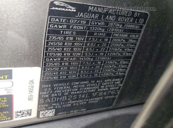 SADHB2S14L1F84763 2020 JAGUAR I-PACE Tan VIN կոդի պիտակի տեսք