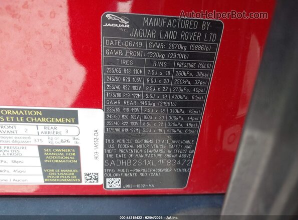 SADHB2S1XL1F83472 2020 JAGUAR I-PACE Red Widok komory silnika