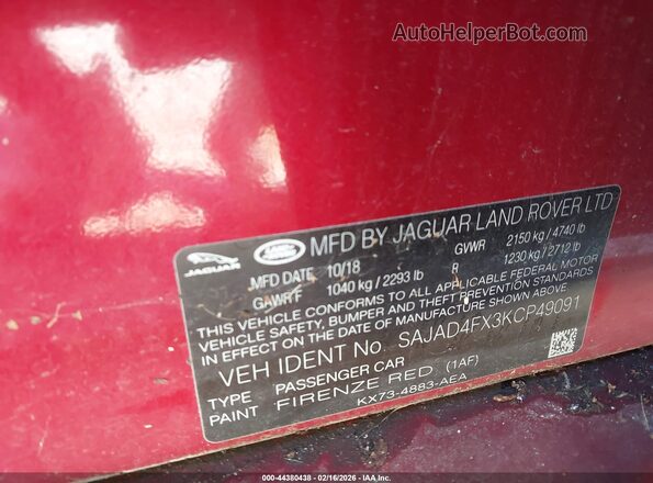 SAJAD4FX3KCP49091 2019 JAGUAR XF Red ძრავის განყოფილების ხედი