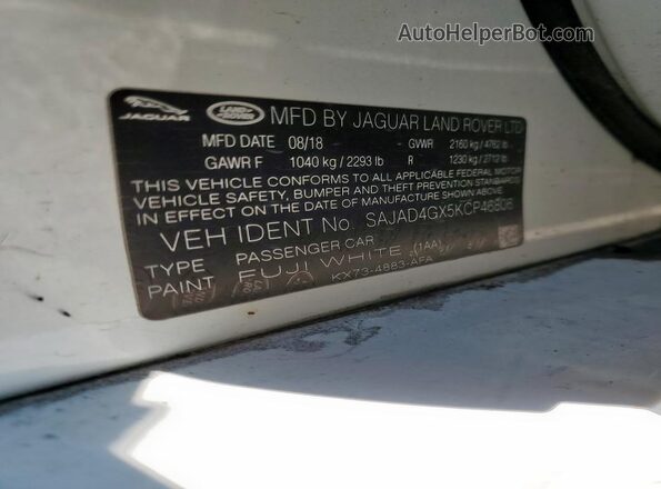 SAJAD4GX5KCP46806 2019 JAGUAR XF White VIN კოდის სტიკერის ხედი