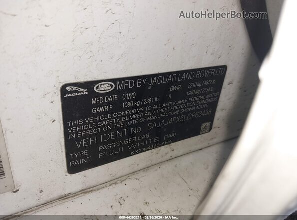 SAJAJ4FX5LCP63438 2020 JAGUAR XF Белый Вид подкапотного пространства