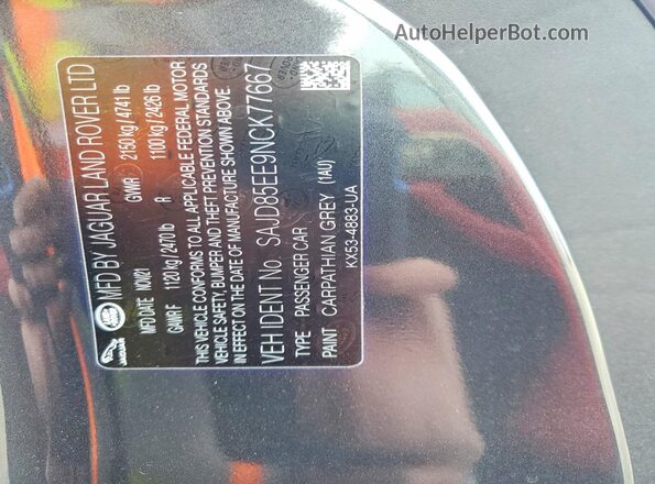 SAJD85EE9NCK77667 2022 JAGUAR F-TYPE Charcoal Vista de la etiqueta del VIN