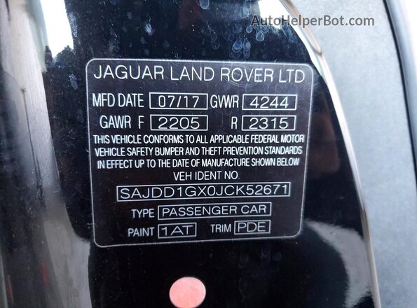 SAJDD1GX0JCK52671 2018 JAGUAR F-TYPE Black VIN კოდის სტიკერის ხედი