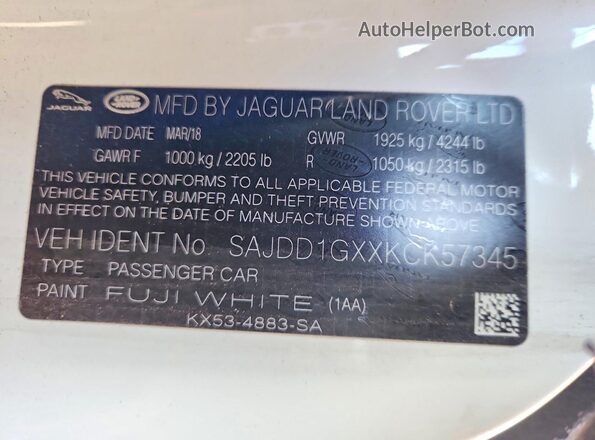 SAJDD1GXXKCK57345 2019 JAGUAR F-TYPE White Вид підкапотного простору