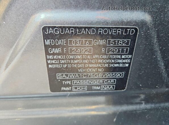 SAJWA1C75G8V98590 2016 JAGUAR XJ Gray Widok naklejki z numerem VIN