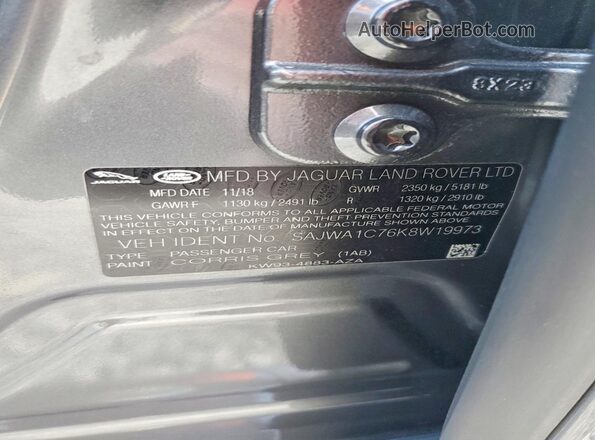 SAJWA1C76K8W19973 2019 JAGUAR XJ Gray Вид наклейки з VIN-кодом