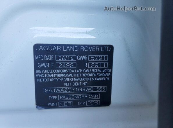 SAJWA2G71G8W01565 2016 JAGUAR XJL White Вид наклейки з VIN-кодом