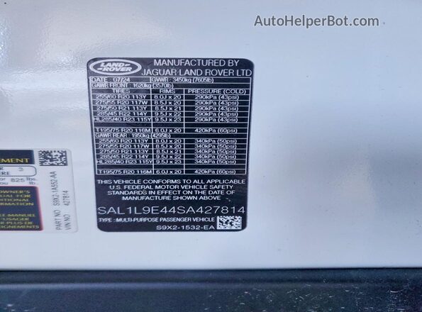SAL1L9E44SA427814 2025 LAND ROVER RANGE White 