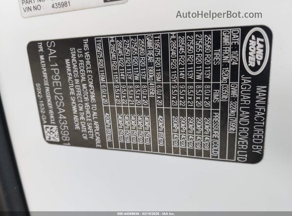 SAL1P9EU2SA435981 2025 LAND ROVER RANGE ROVER SPORT Белый Вид подкапотного пространства