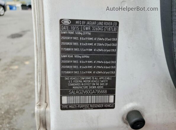 SALAG2V60GA795668 2016 LAND ROVER LR4 White Vista del compartimento del motor