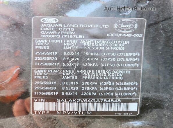 SALAK2V64GA784848 2016 LAND ROVER LR4 Black 