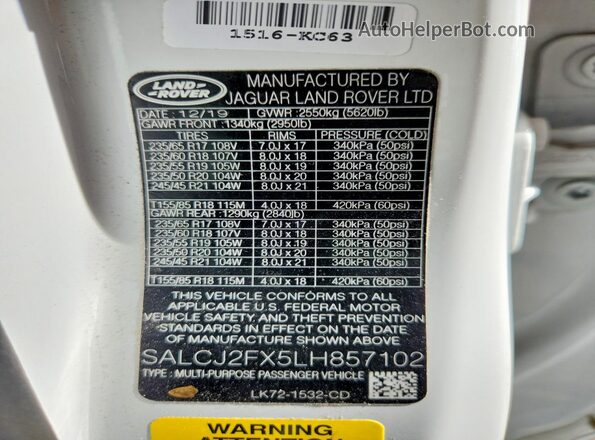 SALCJ2FX5LH857102 2020 LAND ROVER DISCOVERY White VIN კოდის სტიკერის ხედი
