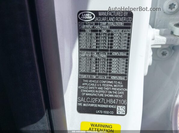 SALCJ2FX7LH847106 2020 LAND ROVER DISCOVERY SPORT White 