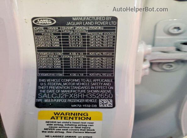 SALCJ2FX8RH352650 2024 LAND ROVER DISCOVERY White VIN sticker view
