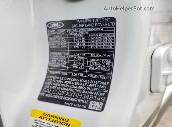 SALCJ2FXXRH349149 2024 LAND ROVER DISCOVERY White Widok naklejki z numerem VIN