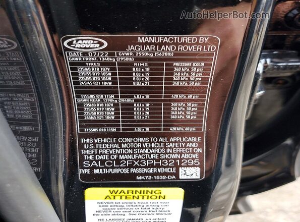 SALCL2FX3PH321295 2023 LAND ROVER DISCOVERY Black Widok naklejki z numerem VIN